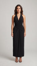 Vestido Largo con Cuello Halter y Drapeado Frontal