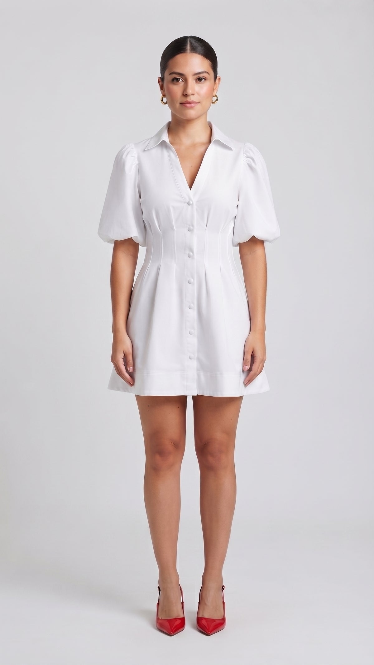 Vestido Mini Camisero Blanco con Mangas Abullonadas y Cintura Corsé
