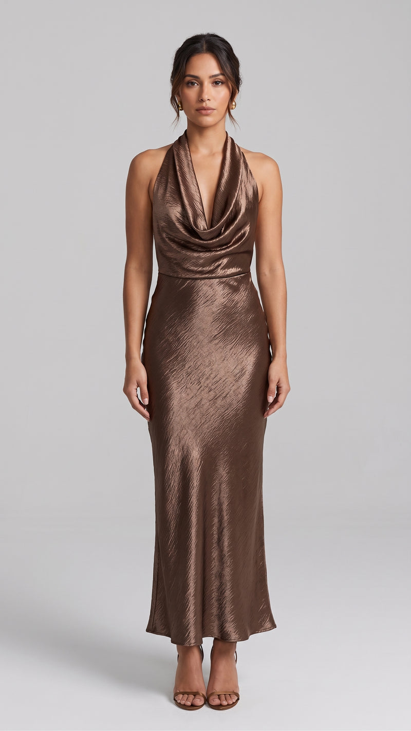 Vestido Largo Texturizado con Escote Drapeado