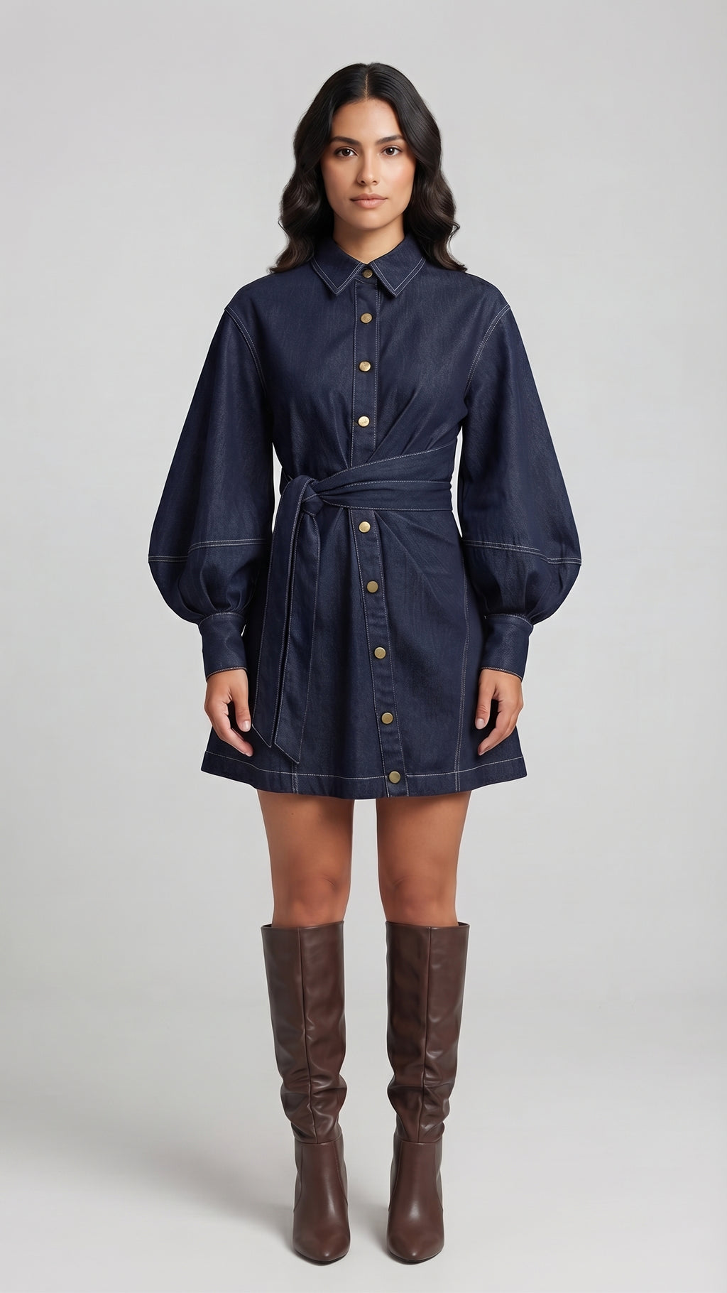 Vestido de Denim Oscuro con Mangas Abullonadas