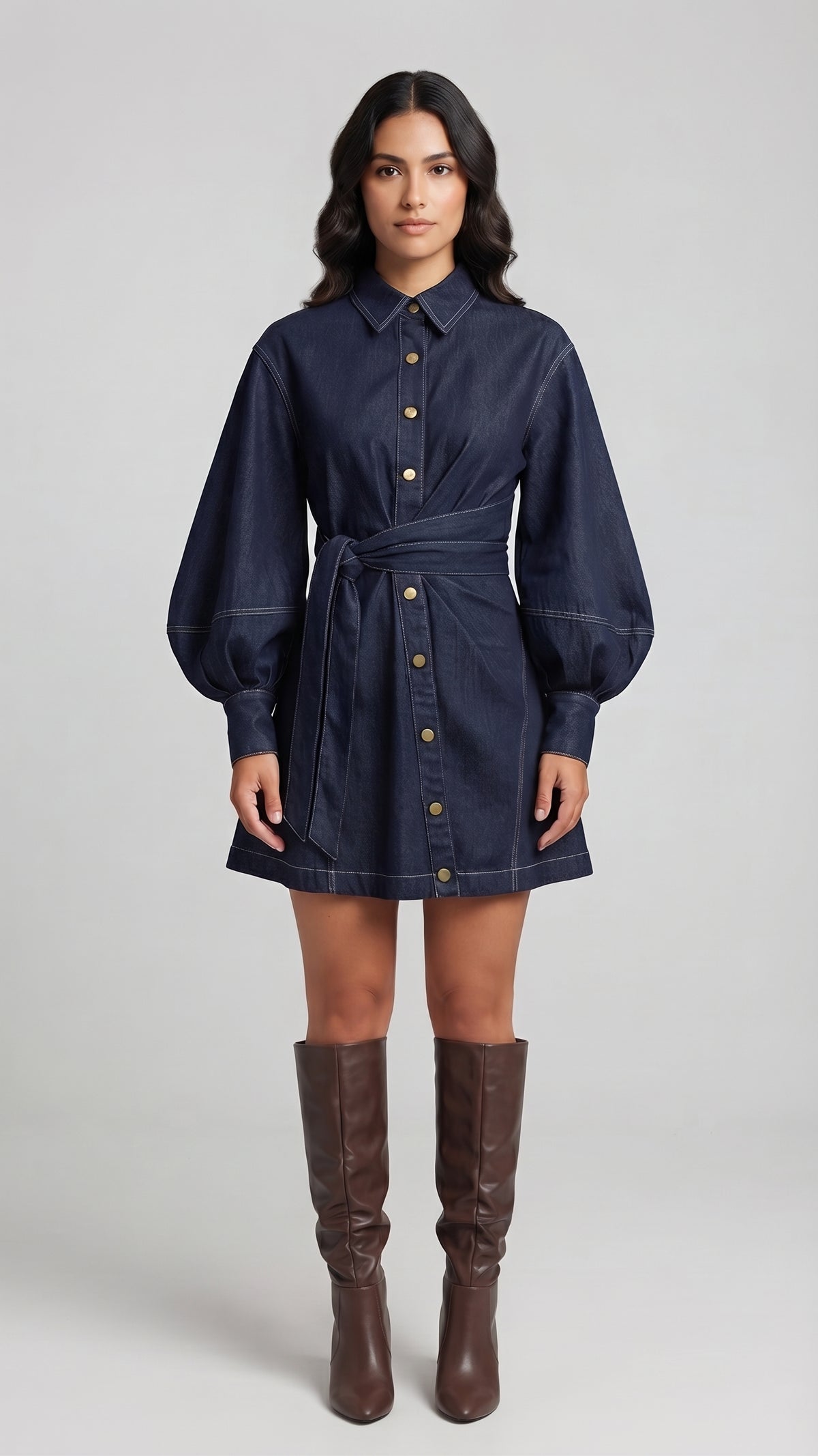 Vestido de Denim Oscuro con Mangas Abullonadas