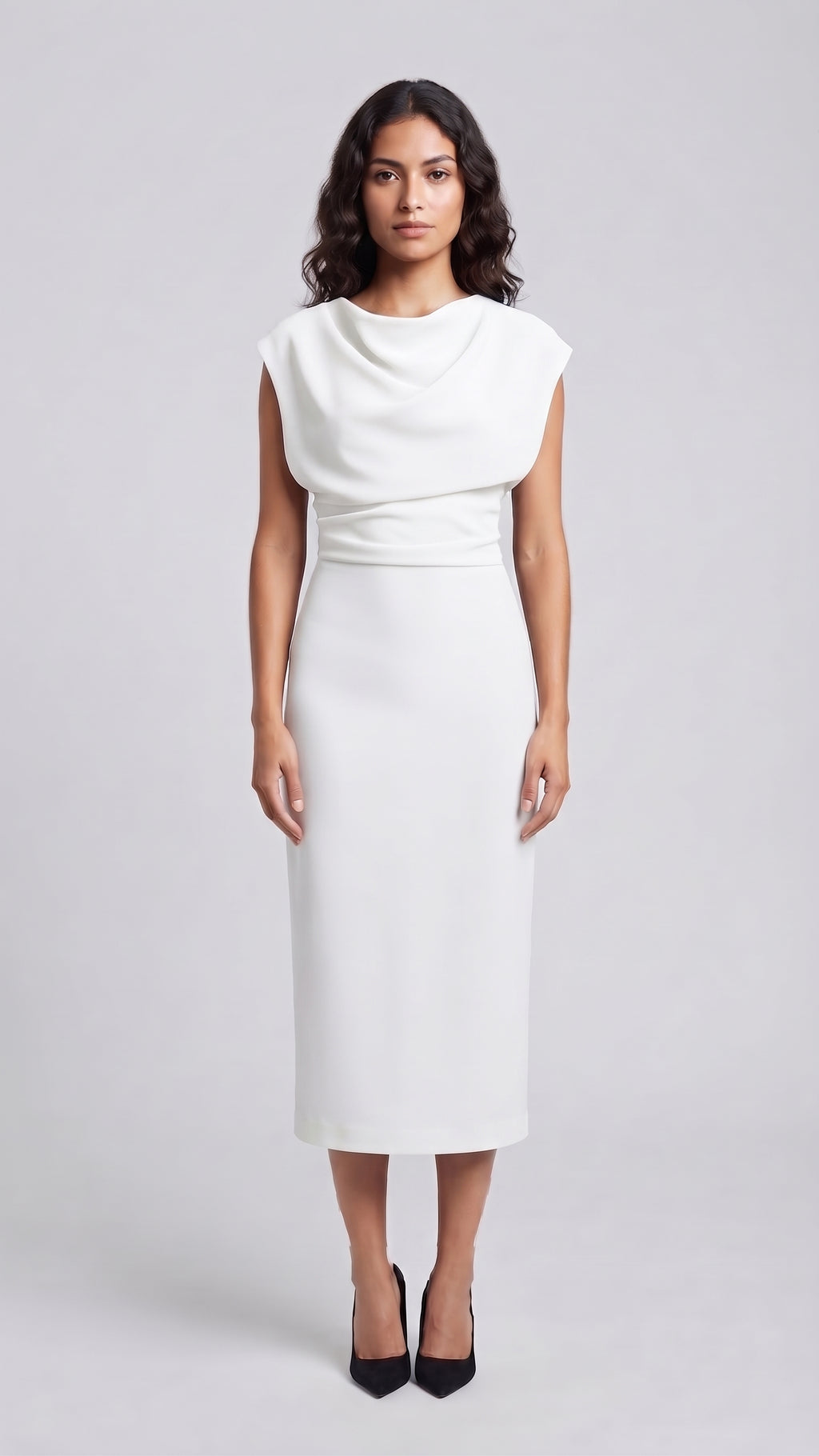 Vestido Midi Elegante de Cuello Drapeado