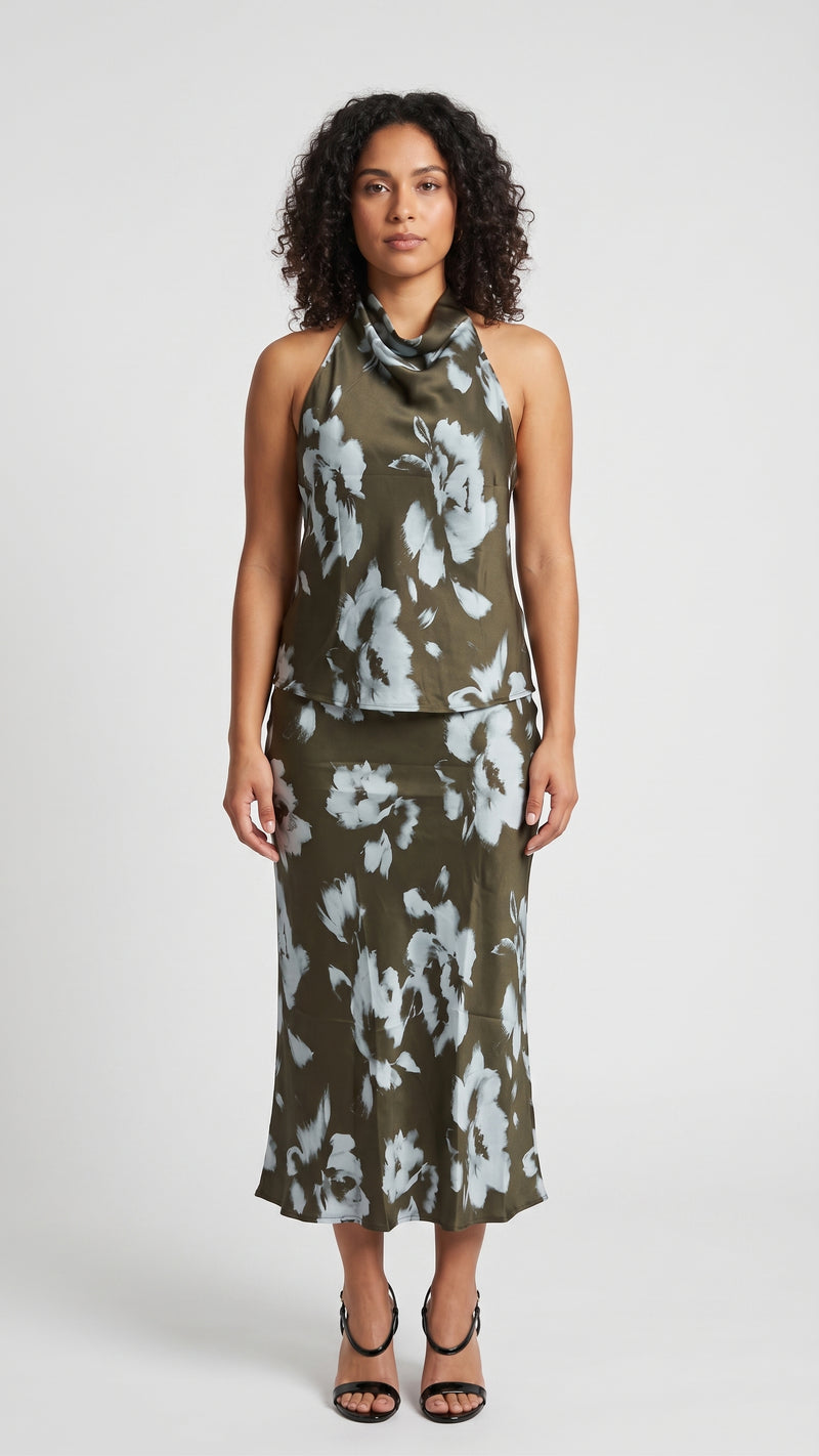Conjunto de Satin Top Halter y Falda Midi