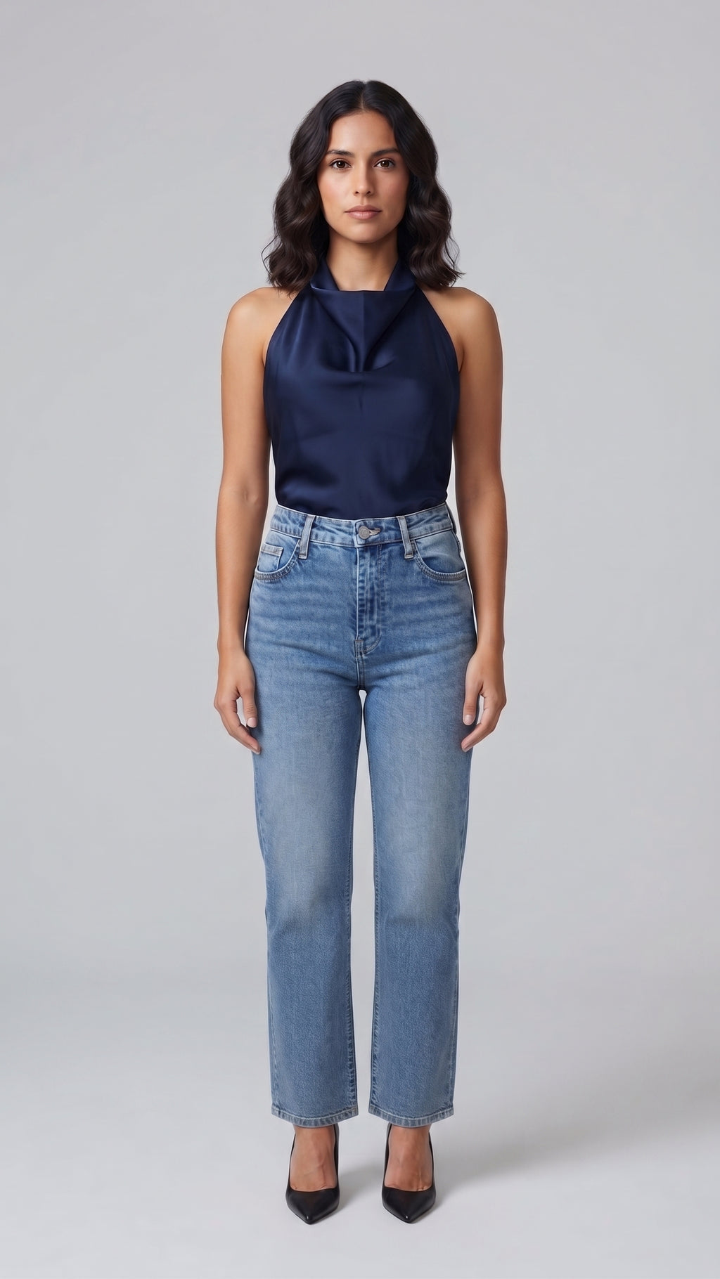 Pantalón Denim Clásico de Tiro Alto y Corte Recto