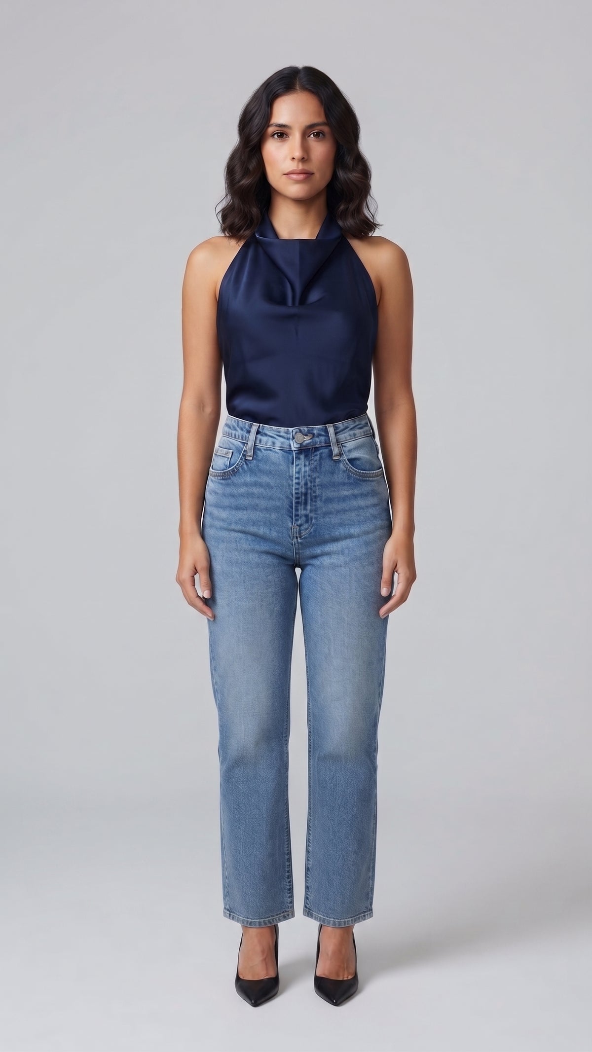Pantalón Denim Clásico de Tiro Alto y Corte Recto