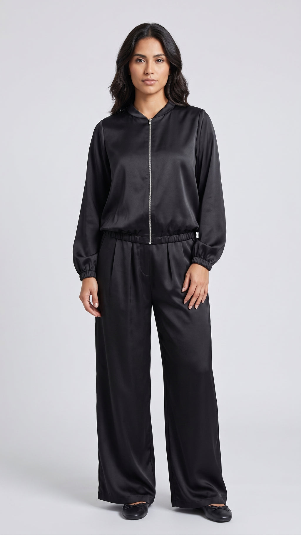Conjunto de Satin Chamarra y Pantalon Wide Leg
