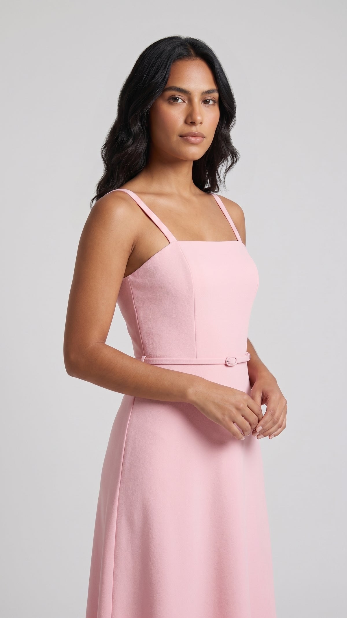 Vestido Midi con Escote Cuadrado y Cinturón