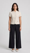 Blusa Estilo Peplum a Rayas con Cuello Mao