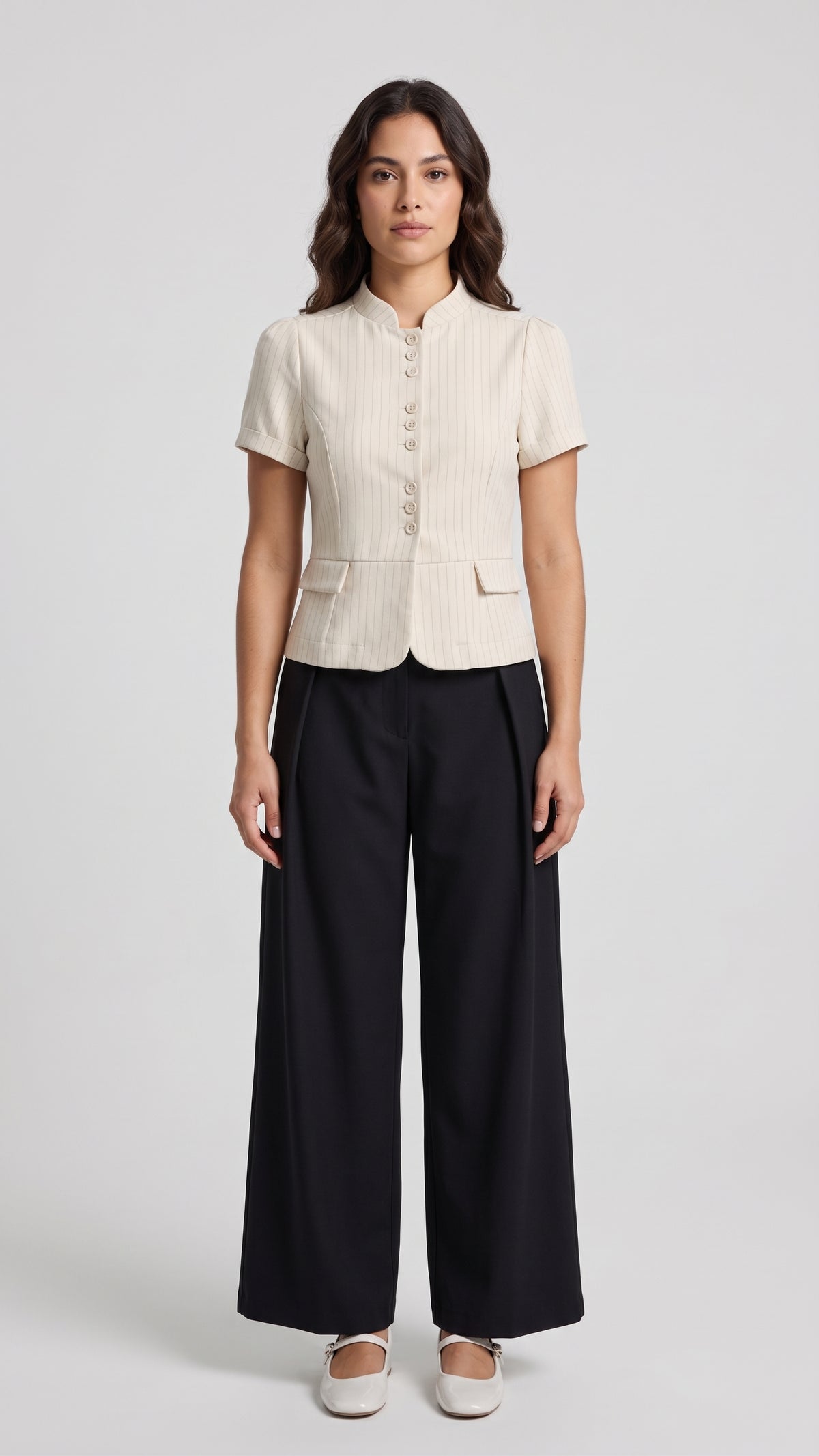Blusa Estilo Peplum a Rayas con Cuello Mao