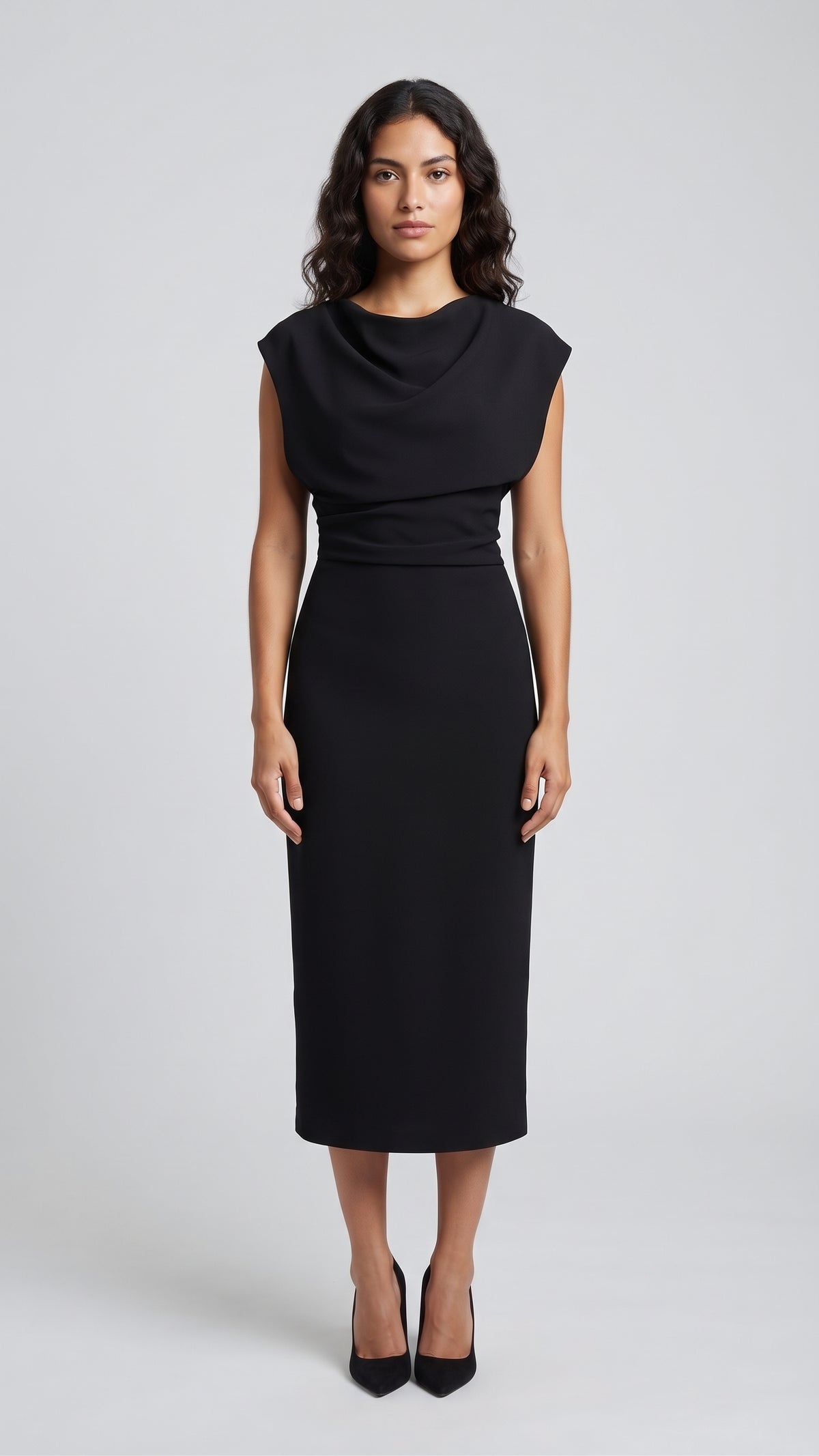 Vestido Midi Elegante de Cuello Drapeado