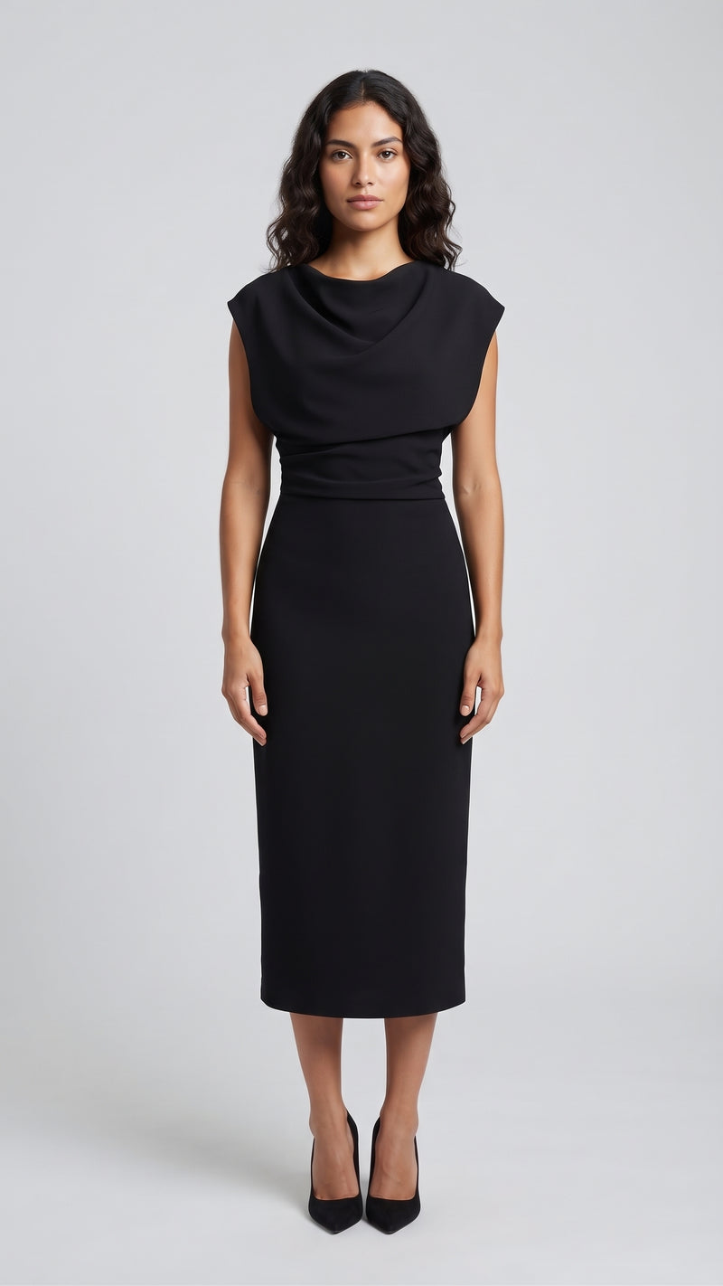 Vestido Midi Elegante de Cuello Drapeado