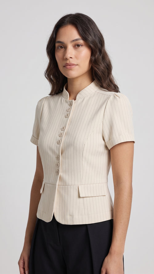 Blusa Estilo Peplum a Rayas con Cuello Mao