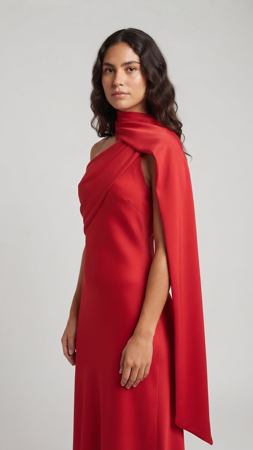 Vestido Largo Satinado Asimétrico con Detalle de Lazo