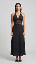 Vestido Midi Halter Negro de Lunares con Detalle de Encaje