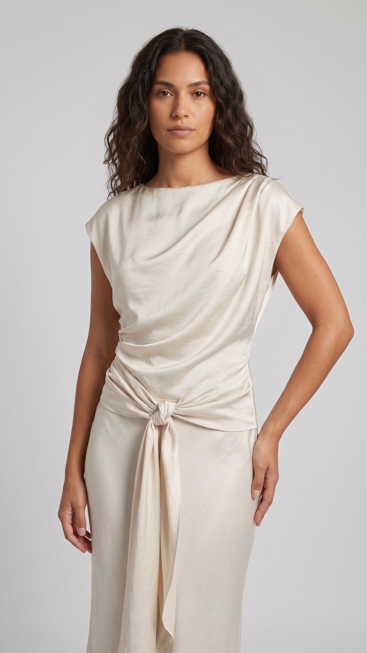 Vestido Midi Satinado con Cuello Barco y Nudo Frontal