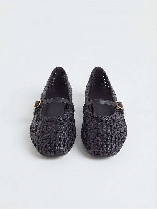 Ballerinas Planas Negras Entrelazadas con Correa y Hebilla