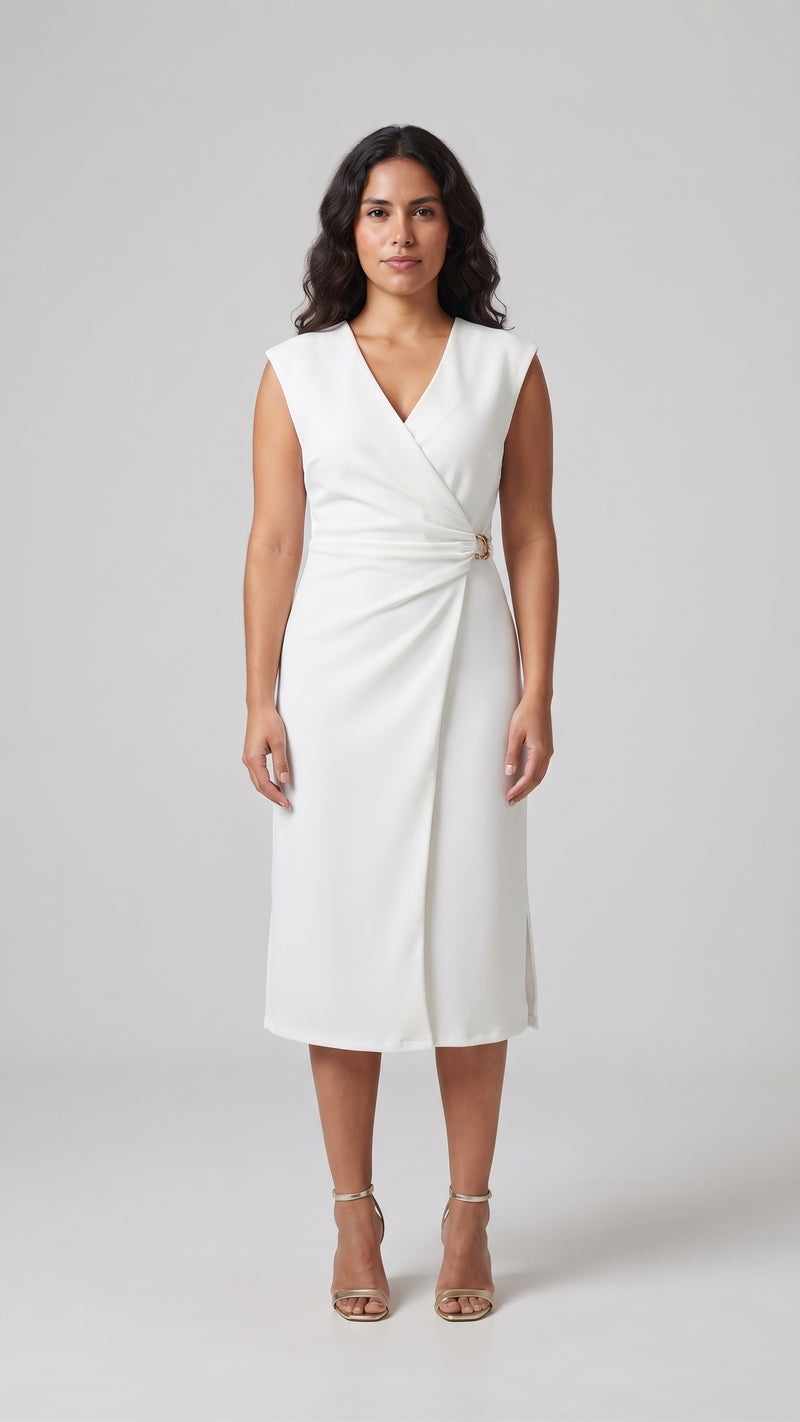 Vestido Midi Cruzado con Detalle Metálico