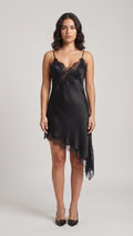 Vestido Lencero Asimétrico de Satin con Detalles de Encaje