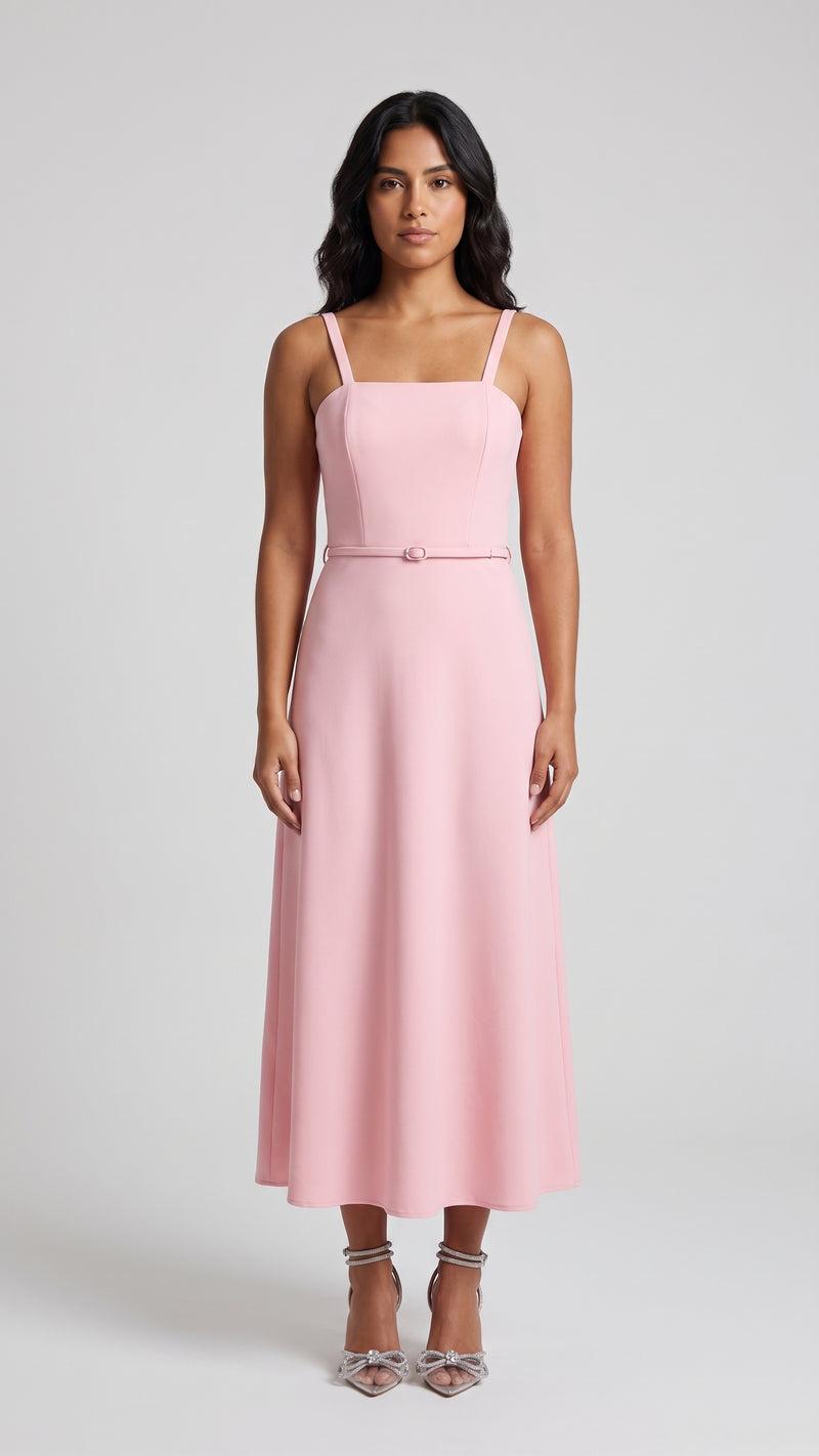 Vestido Midi con Escote Cuadrado y Cinturón