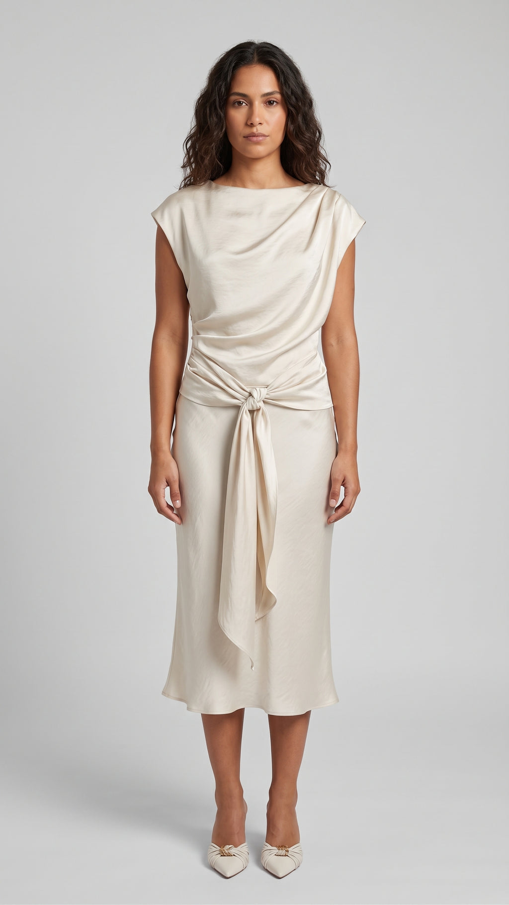 Vestido Midi Satinado con Cuello Barco y Nudo Frontal