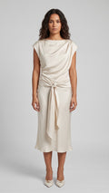 Vestido Midi Satinado con Cuello Barco y Nudo Frontal