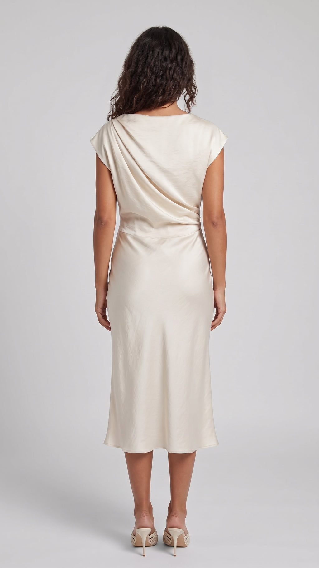 Vestido Midi Satinado con Cuello Barco y Nudo Frontal