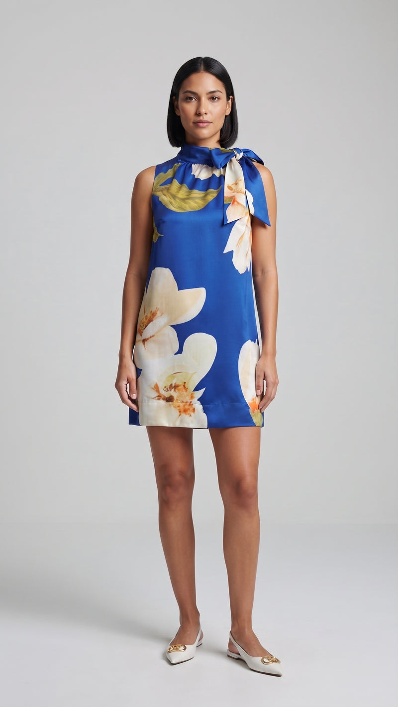 Vestido Satinado con Estampado Floral y Lazo al Cuello