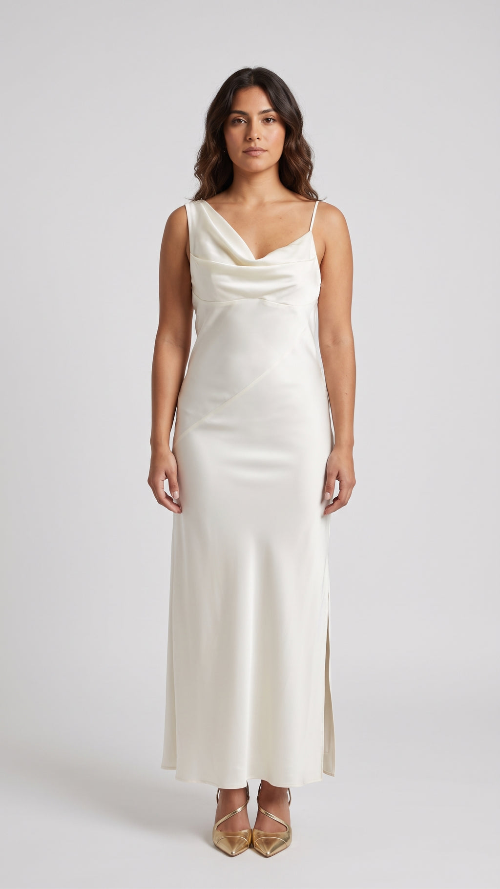 Vestido Largo Satinado con Escote Caído