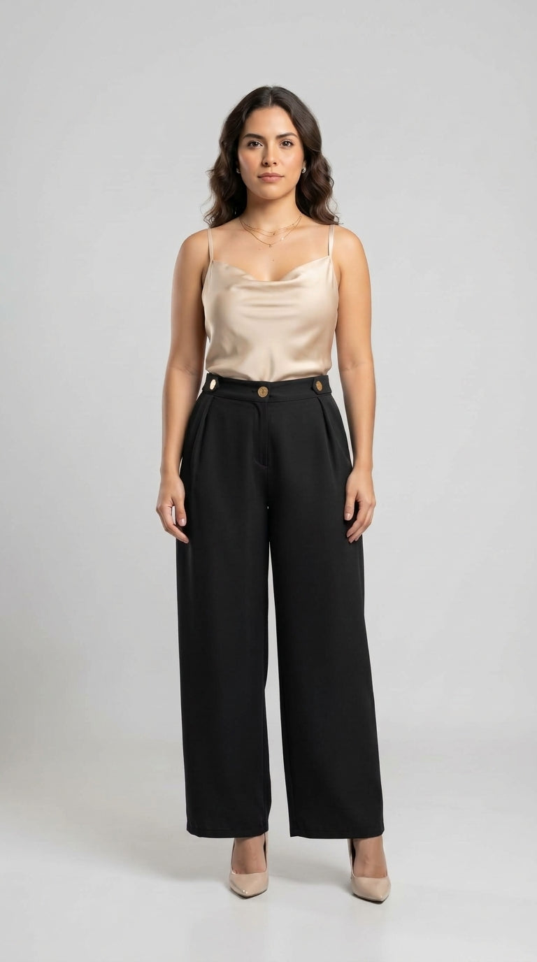 Pantalón de Vestir Tiro Alto Pierna Ancha con Botones