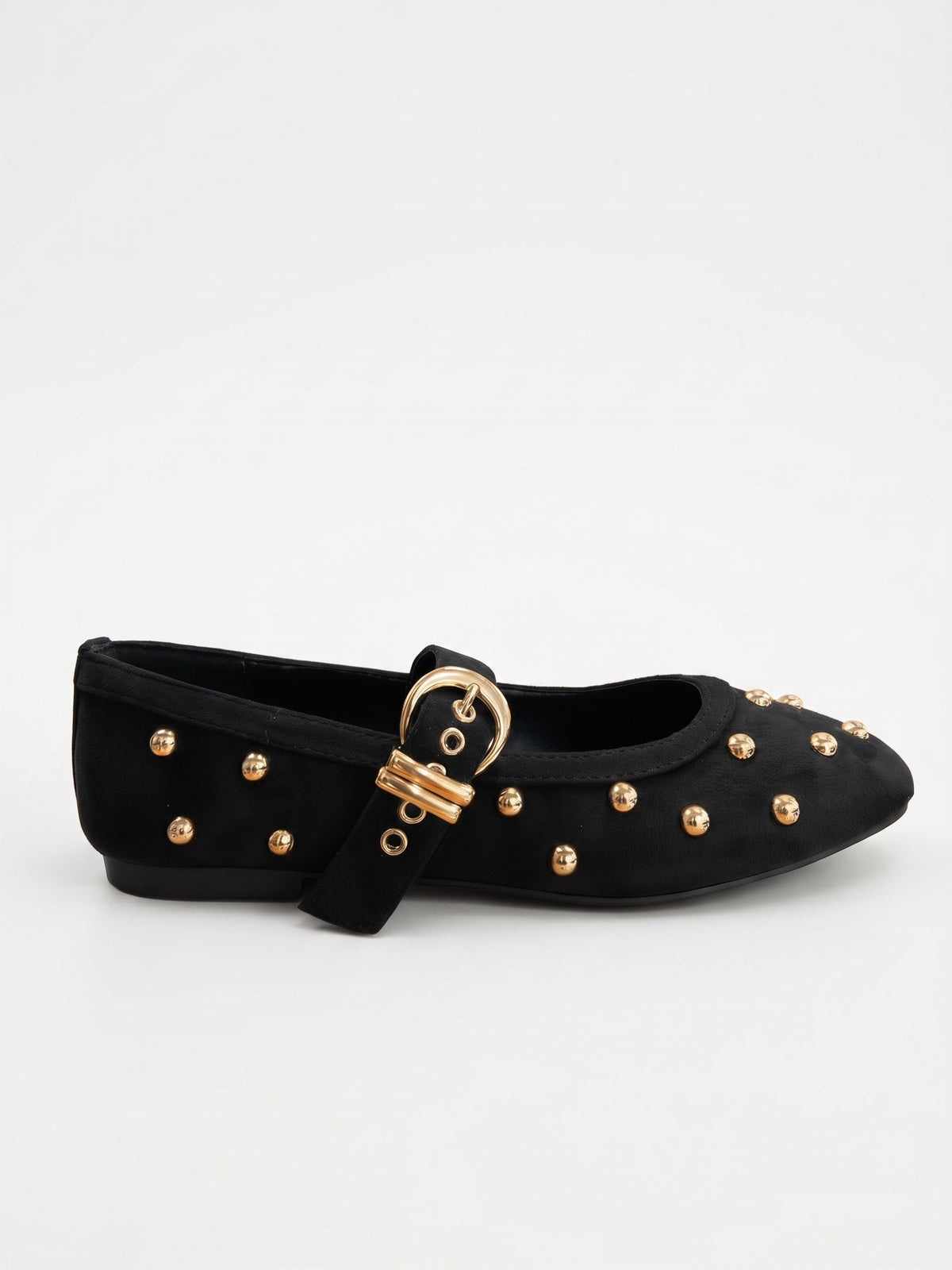 Ballerinas Planas Negras con Tachuelas Doradas y Hebilla