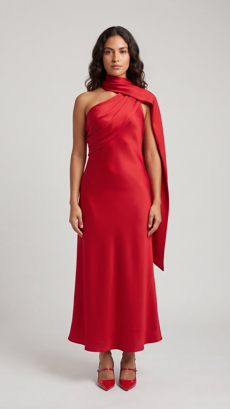 Vestido Largo Satinado Asimétrico con Detalle de Lazo