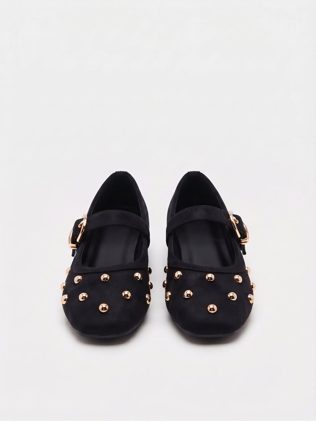 Ballerinas Planas Negras con Tachuelas Doradas y Hebilla