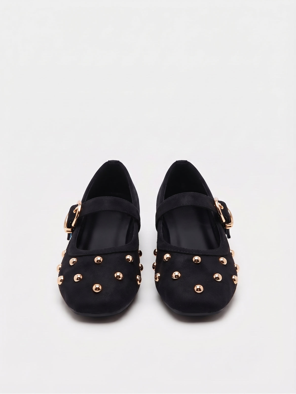 Ballerinas Planas Negras con Tachuelas Doradas y Hebilla